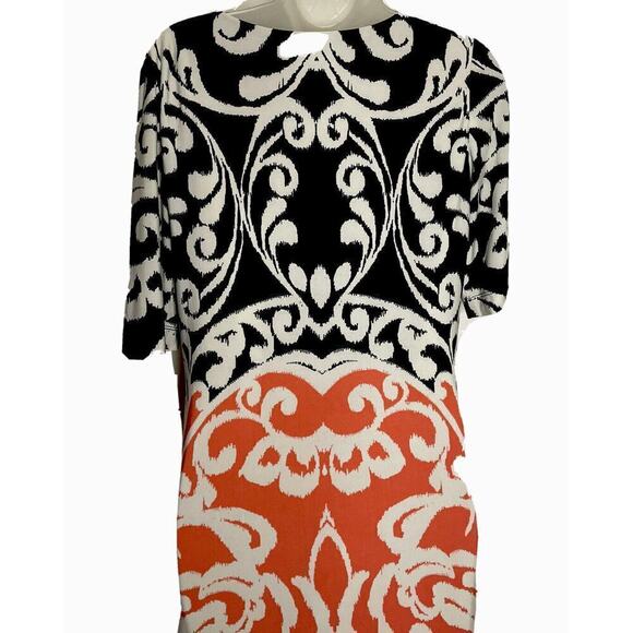 Eliza J Womens 4 Stretch Knit Sheath Dress Color Block Damask Print Black Coral - Picture 6 of 10